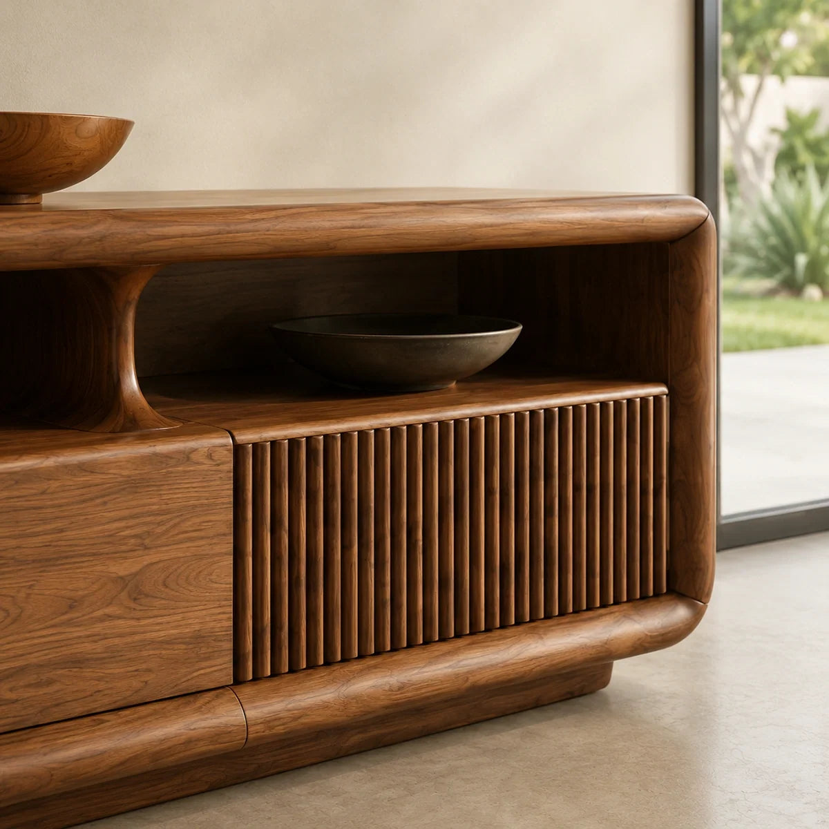 TV Stand with Fluted Storage Doors and Open Display Nooks in Natural Solid Wood - Rustiracraft