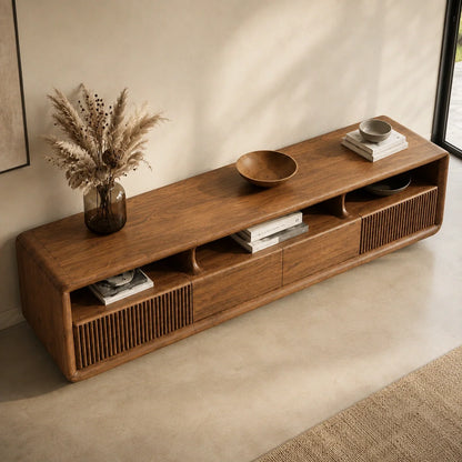 TV Stand with Fluted Storage Doors and Open Display Nooks in Natural Solid Wood - Rustiracraft