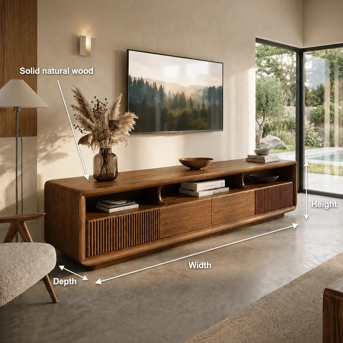 TV Stand with Fluted Storage Doors and Open Display Nooks in Natural Solid Wood - Rustiracraft