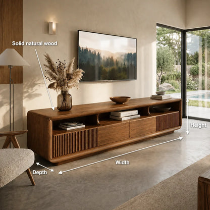 TV Stand with Fluted Storage Doors and Open Display Nooks in Natural Solid Wood - Rustiracraft