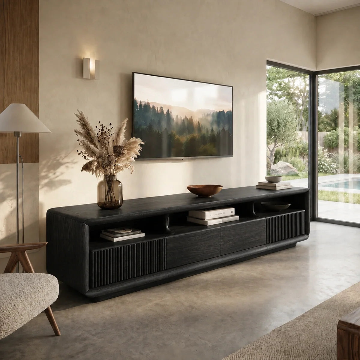 TV Stand with Fluted Storage Doors and Open Display Nooks in Natural Solid Wood - Rustiracraft