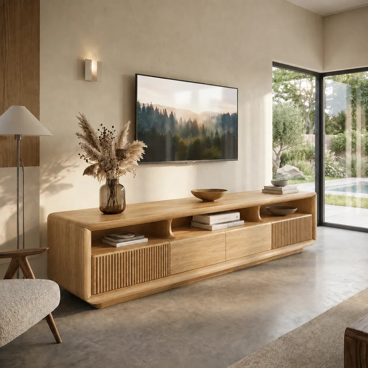 TV Stand with Fluted Storage Doors and Open Display Nooks in Natural Solid Wood - Rustiracraft