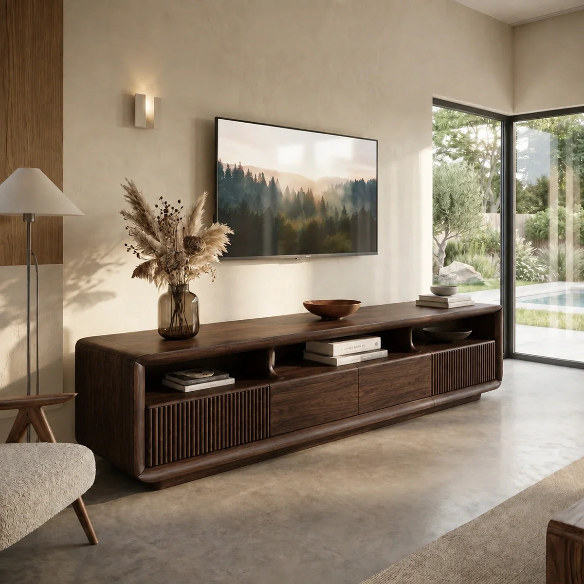 TV Stand with Fluted Storage Doors and Open Display Nooks in Natural Solid Wood - Rustiracraft