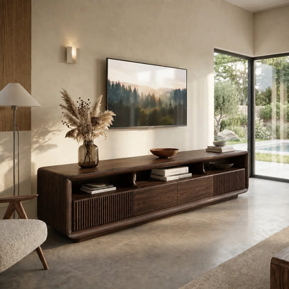 TV Stand with Fluted Storage Doors and Open Display Nooks in Natural Solid Wood - Rustiracraft