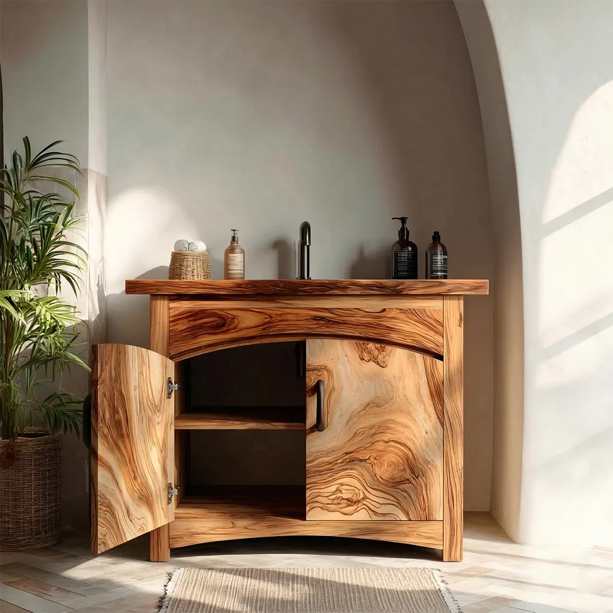 Traditional Bathroom Vanity Cabinet in Natural Solid Wood - Rustirawood