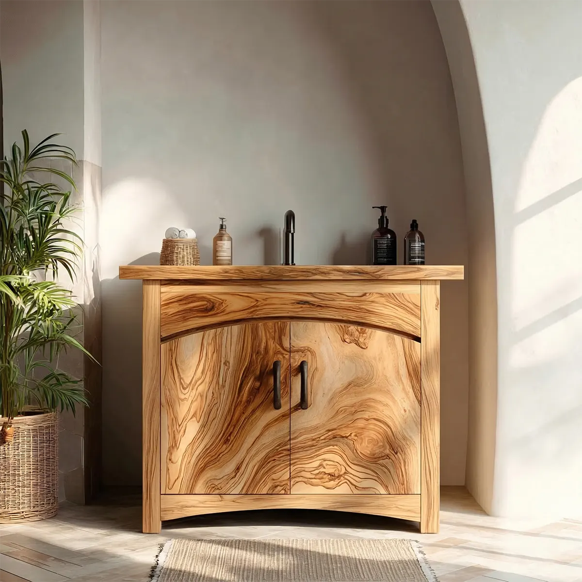 Traditional Bathroom Vanity Cabinet in Natural Solid Wood - Rustirawood