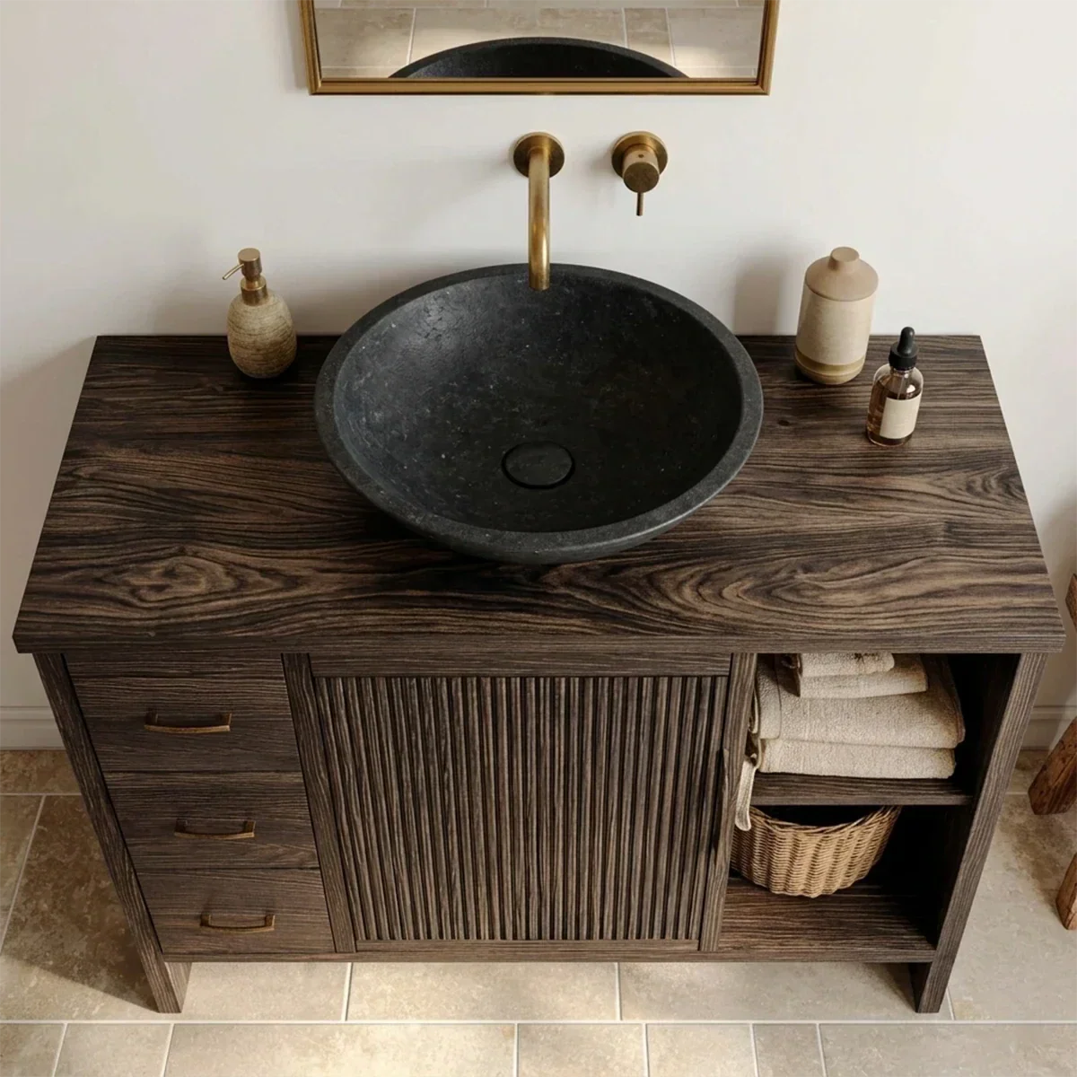 Traditional Bathroom Vanity Cabinet with Drawer Storage in Natural Solid Wood - Rustirawood
