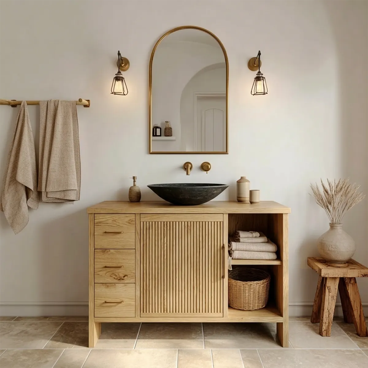 Traditional Bathroom Vanity Cabinet with Drawer Storage in Natural Solid Wood - Rustirawood