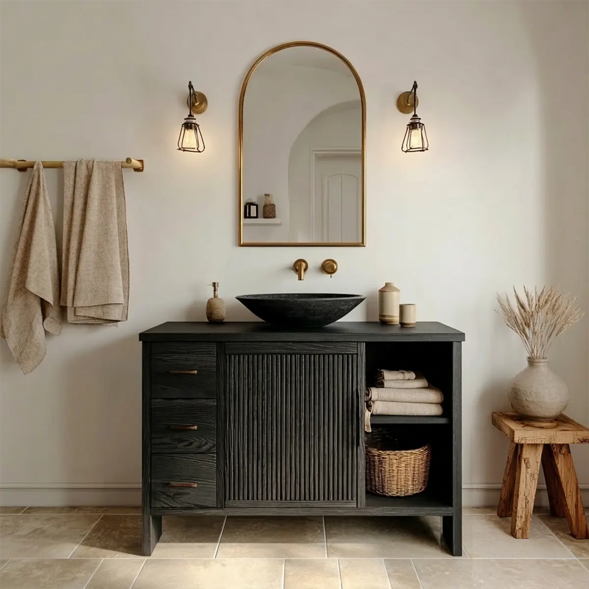 Traditional Bathroom Vanity Cabinet with Drawer Storage in Natural Solid Wood - Rustirawood