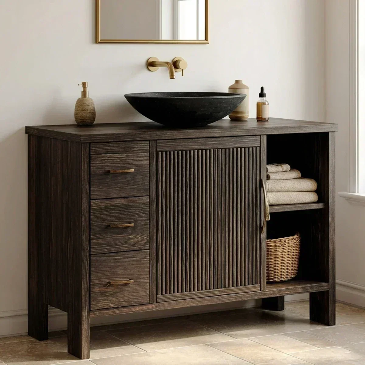 Traditional Bathroom Vanity Cabinet with Drawer Storage in Natural Solid Wood - Woodenecho