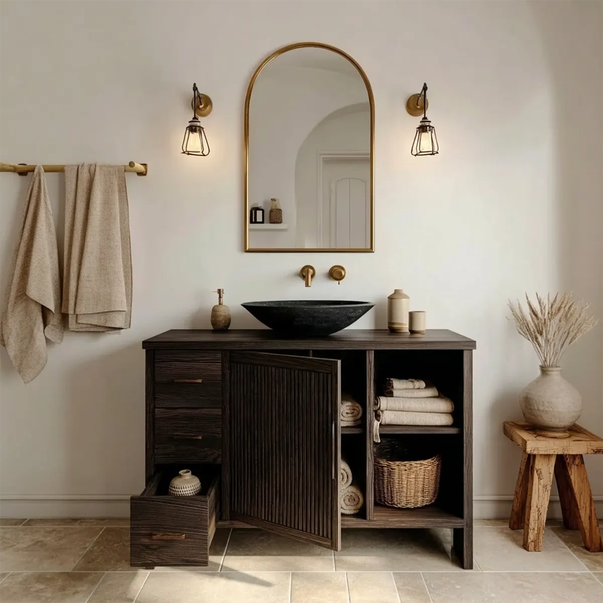 Traditional Bathroom Vanity Cabinet with Drawer Storage in Natural Solid Wood - Woodenecho