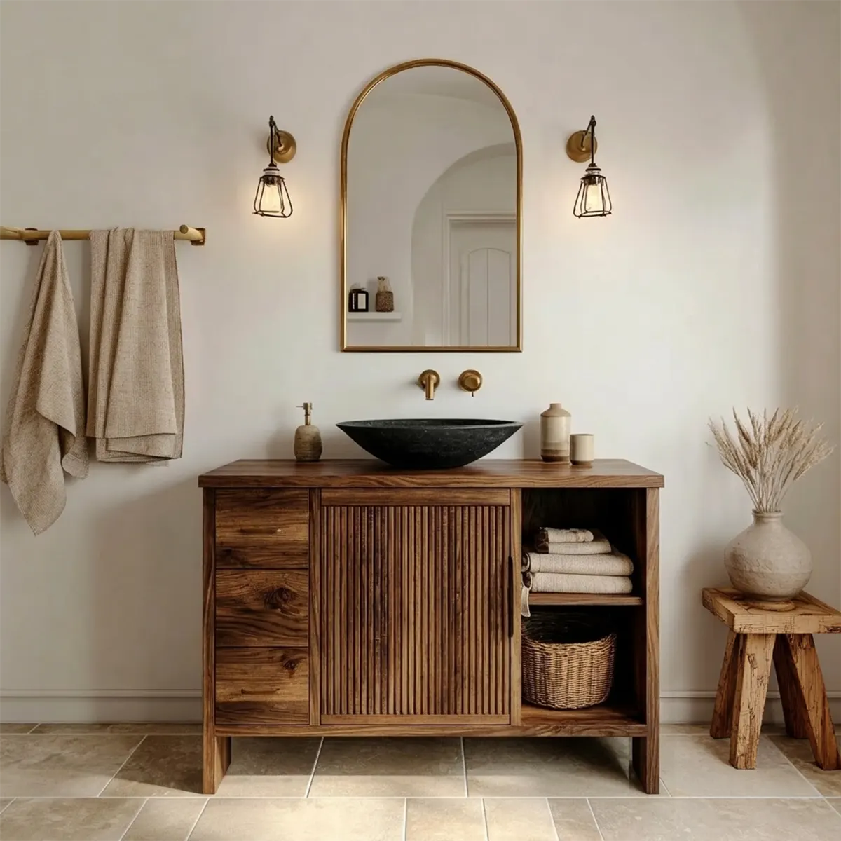 Traditional Bathroom Vanity Cabinet with Drawer Storage in Natural Solid Wood - Woodenecho