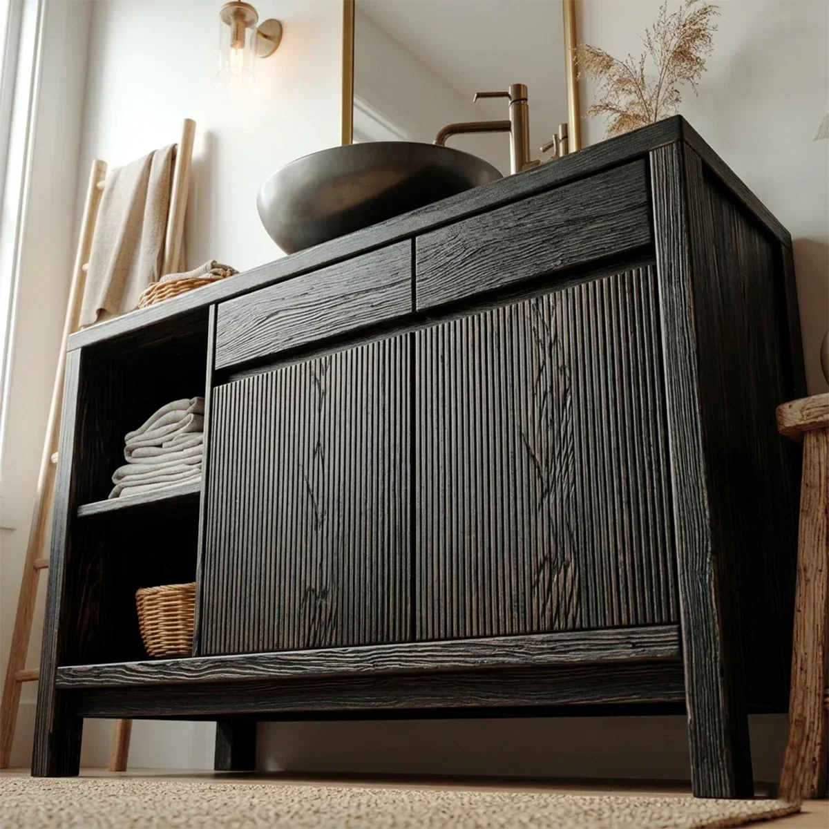 Traditional Bathroom Vanity Cabinet with Storage in Natural Solid Wood - Rustirawood