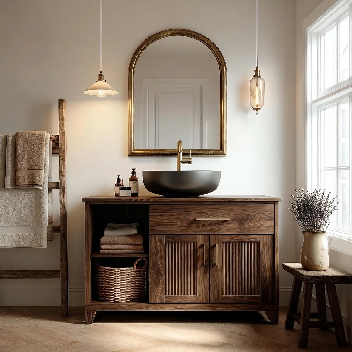 Traditional Bathroom Vanity Cabinet with Storage in Natural Solid Wood - Rustirawood