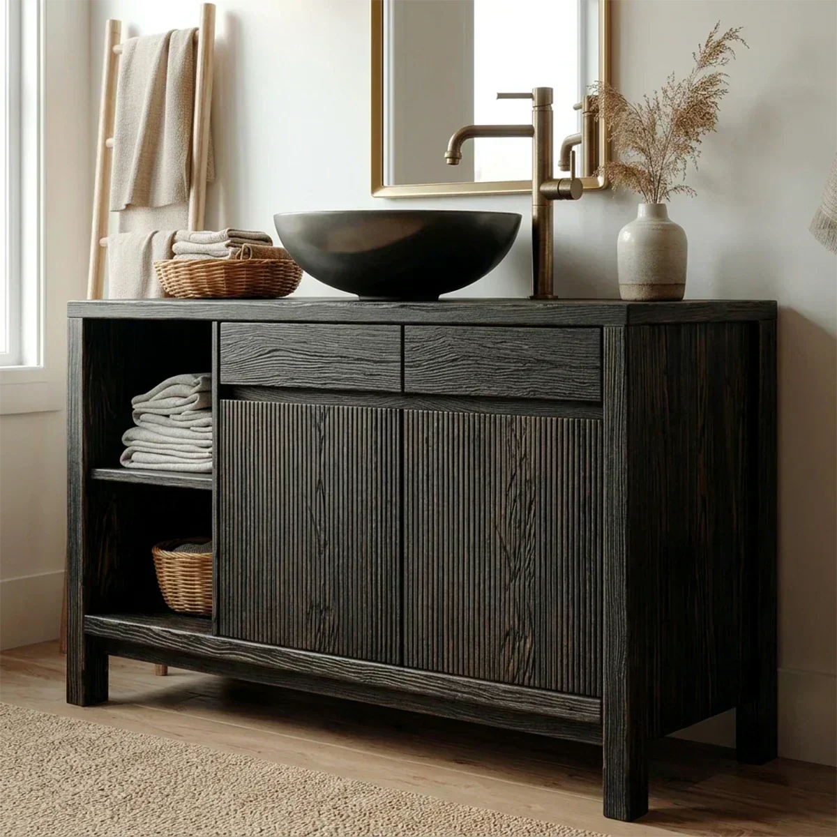 Traditional Bathroom Vanity Cabinet with Storage in Natural Solid Wood - Woodenecho