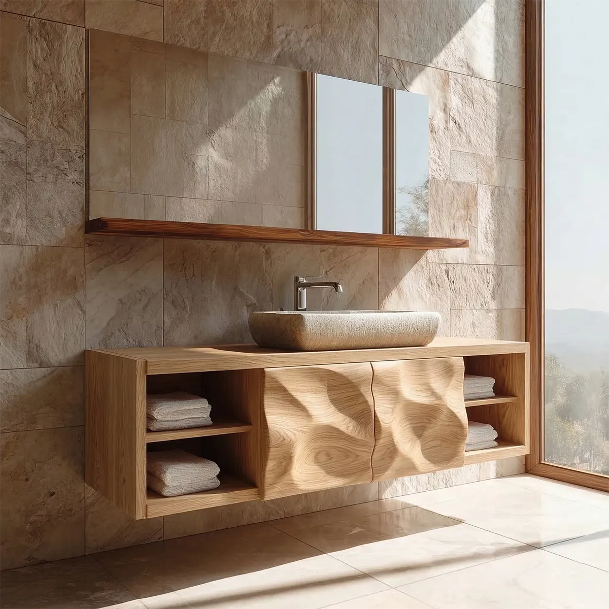 Traditional Natural Solid Wood Bathroom Vanity Cabinet with Hand Carved Doors - Rustirawood