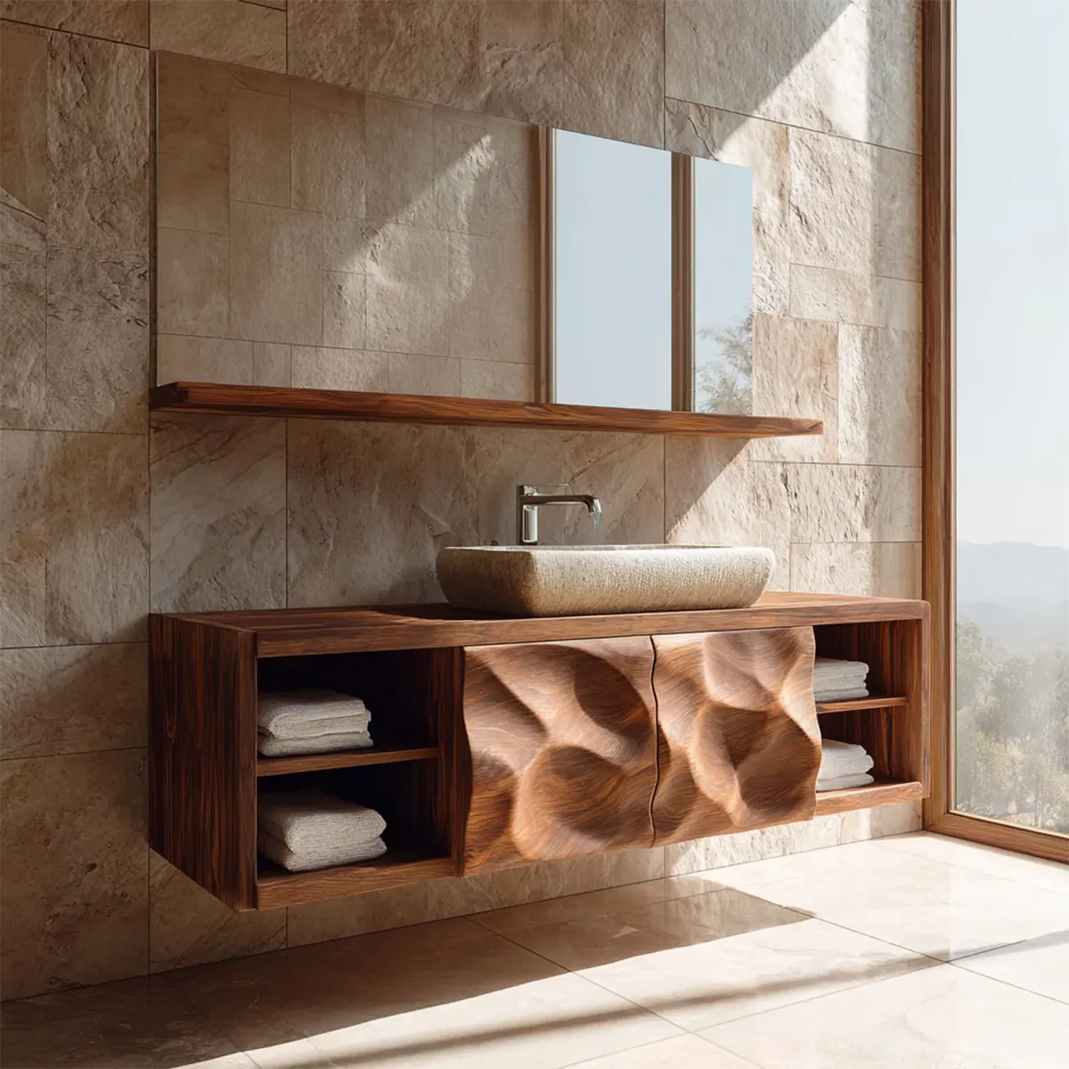 Traditional Natural Solid Wood Bathroom Vanity Cabinet with Hand Carved Doors - Woodenecho