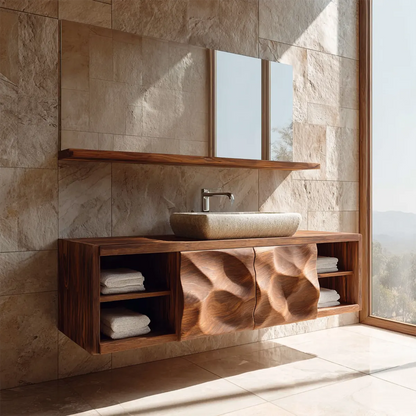 Traditional Natural Solid Wood Bathroom Vanity Cabinet with Hand Carved Doors - Woodenecho