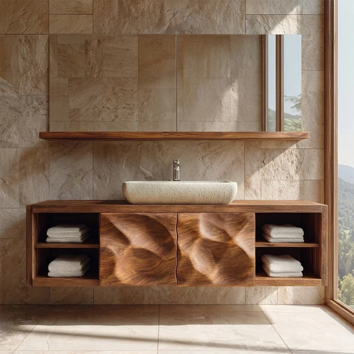 Traditional Natural Solid Wood Bathroom Vanity Cabinet with Hand Carved Doors - Woodenecho