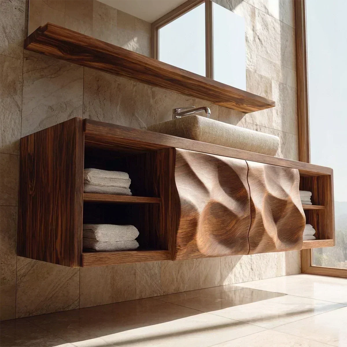 Traditional Natural Solid Wood Bathroom Vanity Cabinet with Hand Carved Doors - Woodenecho
