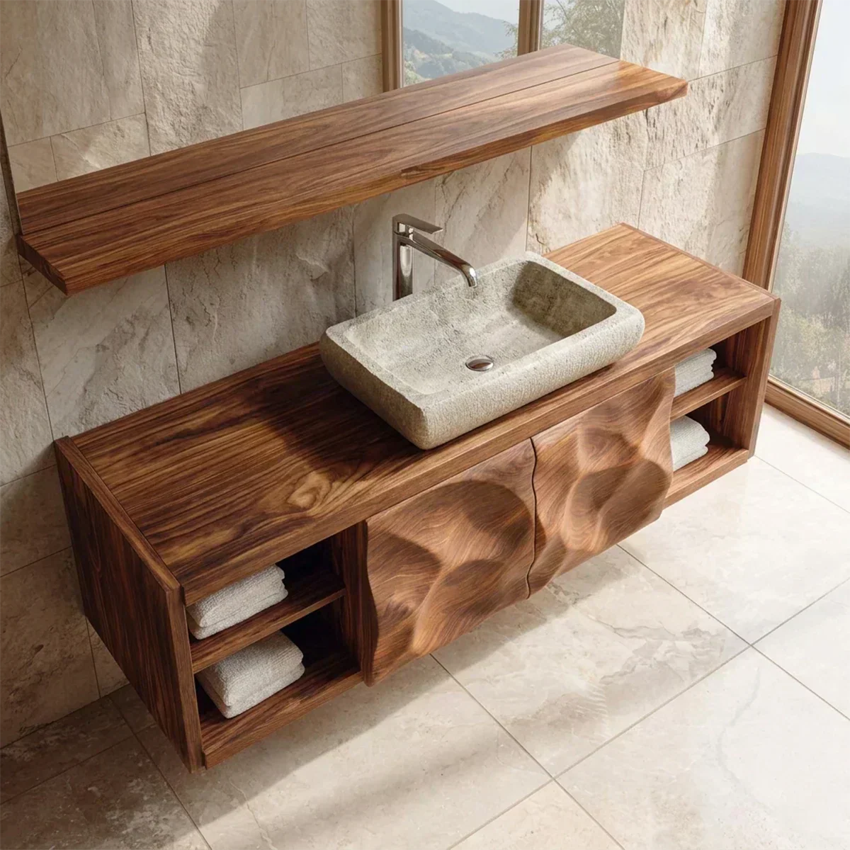 Traditional Natural Solid Wood Bathroom Vanity Cabinet with Hand Carved Doors - Woodenecho
