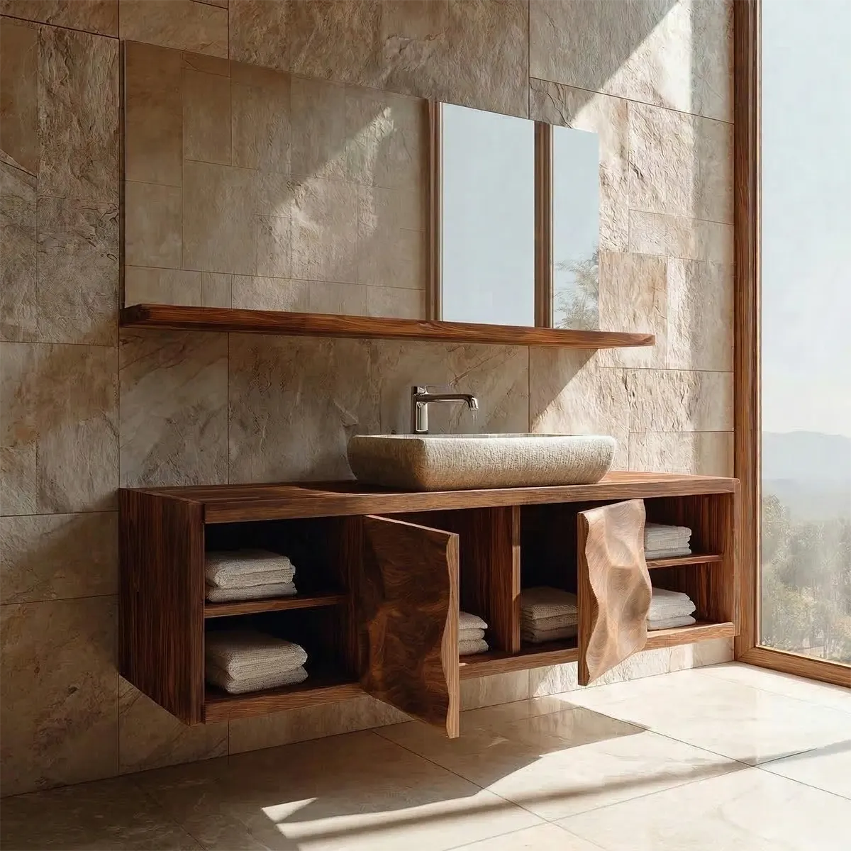 Traditional Natural Solid Wood Bathroom Vanity Cabinet with Hand Carved Doors - Woodenecho