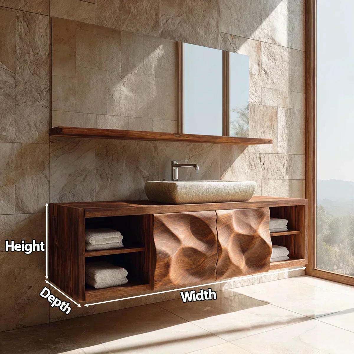 Traditional Natural Solid Wood Bathroom Vanity Cabinet with Hand Carved Doors - Woodenecho