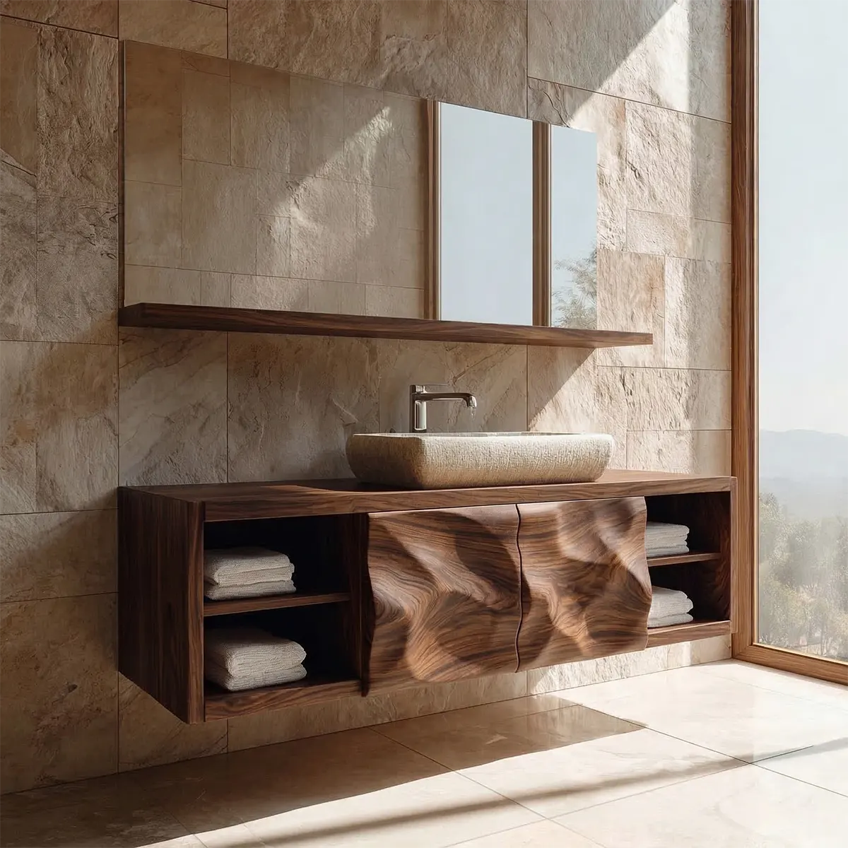 Traditional Natural Solid Wood Bathroom Vanity Cabinet with Hand Carved Doors - Woodenecho