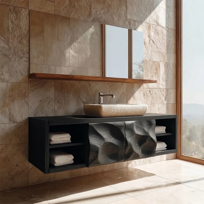 Traditional Natural Solid Wood Bathroom Vanity Cabinet with Hand Carved Doors - Woodenecho