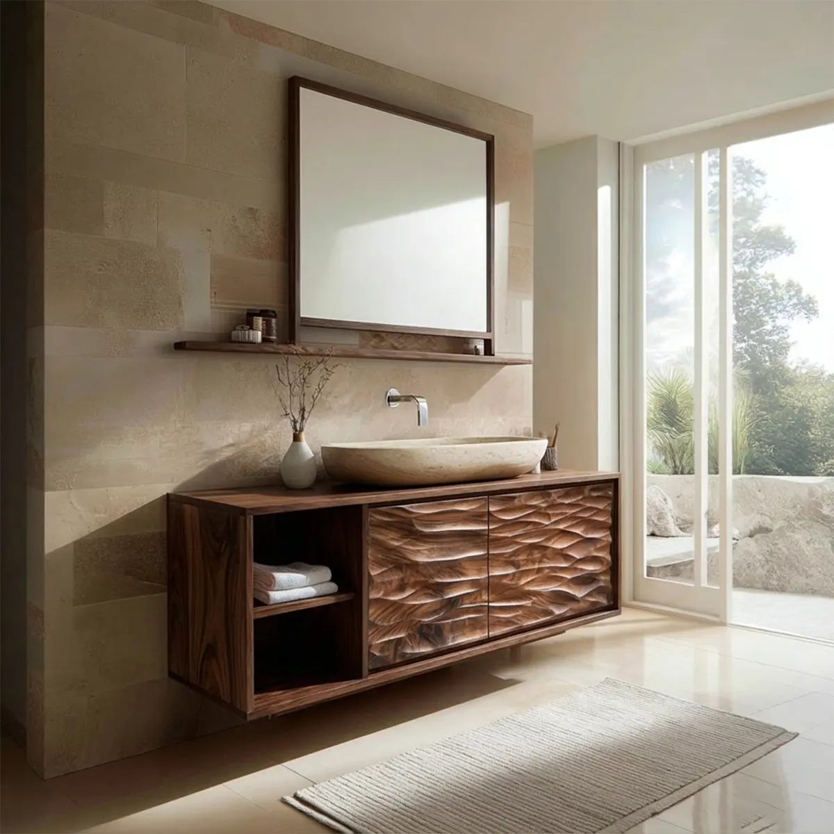 Traditional Solid Wood Bathroom Vanity Cabinet with Hand Carved Wood Doors - Rustirawood