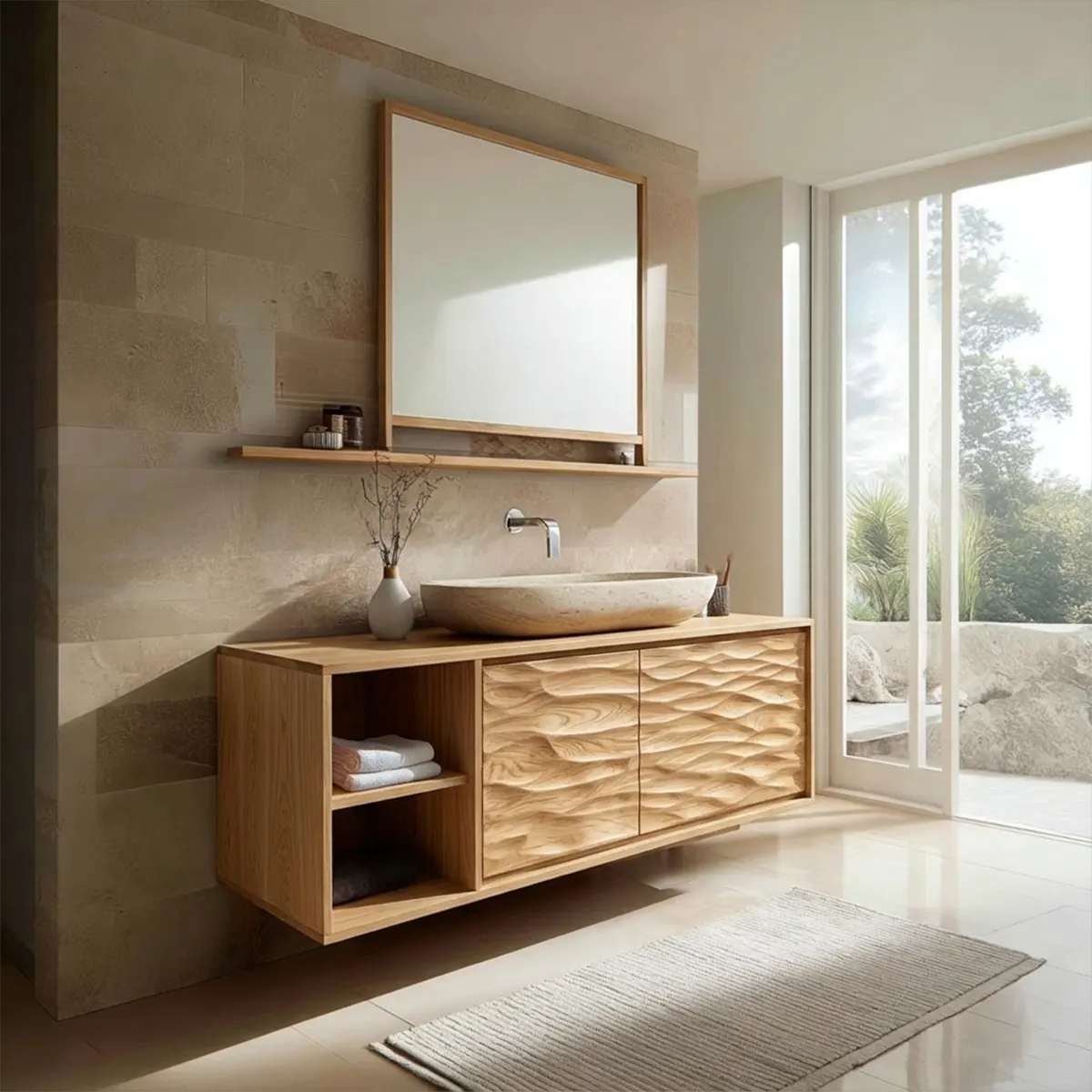 Traditional Solid Wood Bathroom Vanity Cabinet with Hand Carved Wood Doors - Rustirawood