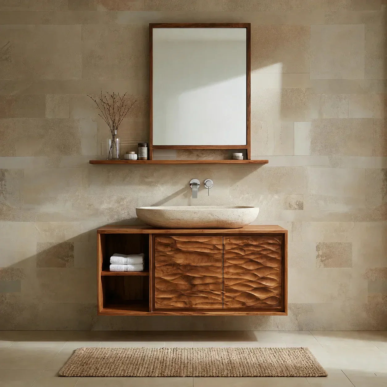Traditional Solid Wood Bathroom Vanity Cabinet with Hand Carved Wood Doors - Woodenecho