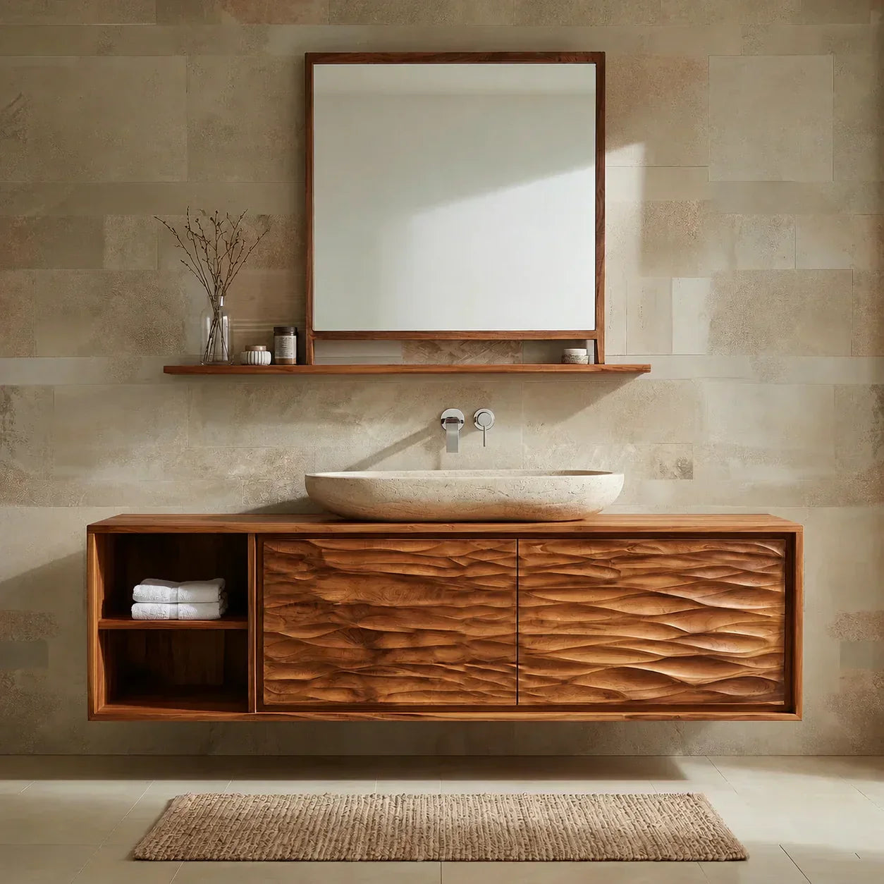 Traditional Solid Wood Bathroom Vanity Cabinet with Hand Carved Wood Doors - Woodenecho