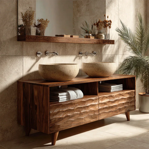Traditional Solid Wood Bathroom Vanity – Hand Carved Natural Wood Storage Cabinet - Rustirawood