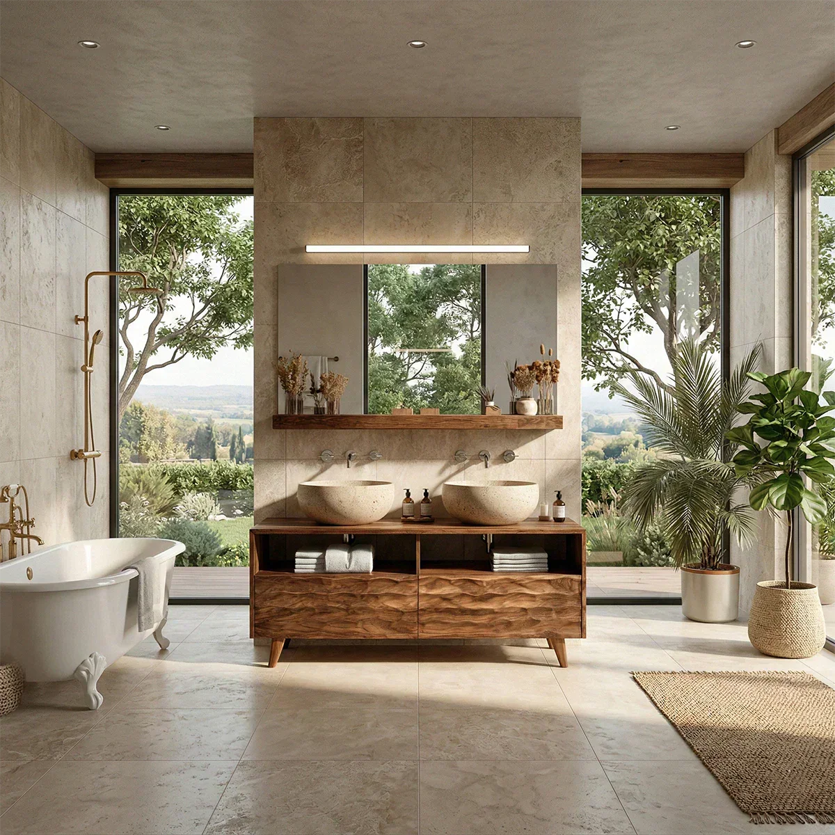 Traditional Solid Wood Bathroom Vanity – Hand Carved Natural Wood Storage Cabinet - Rustirawood