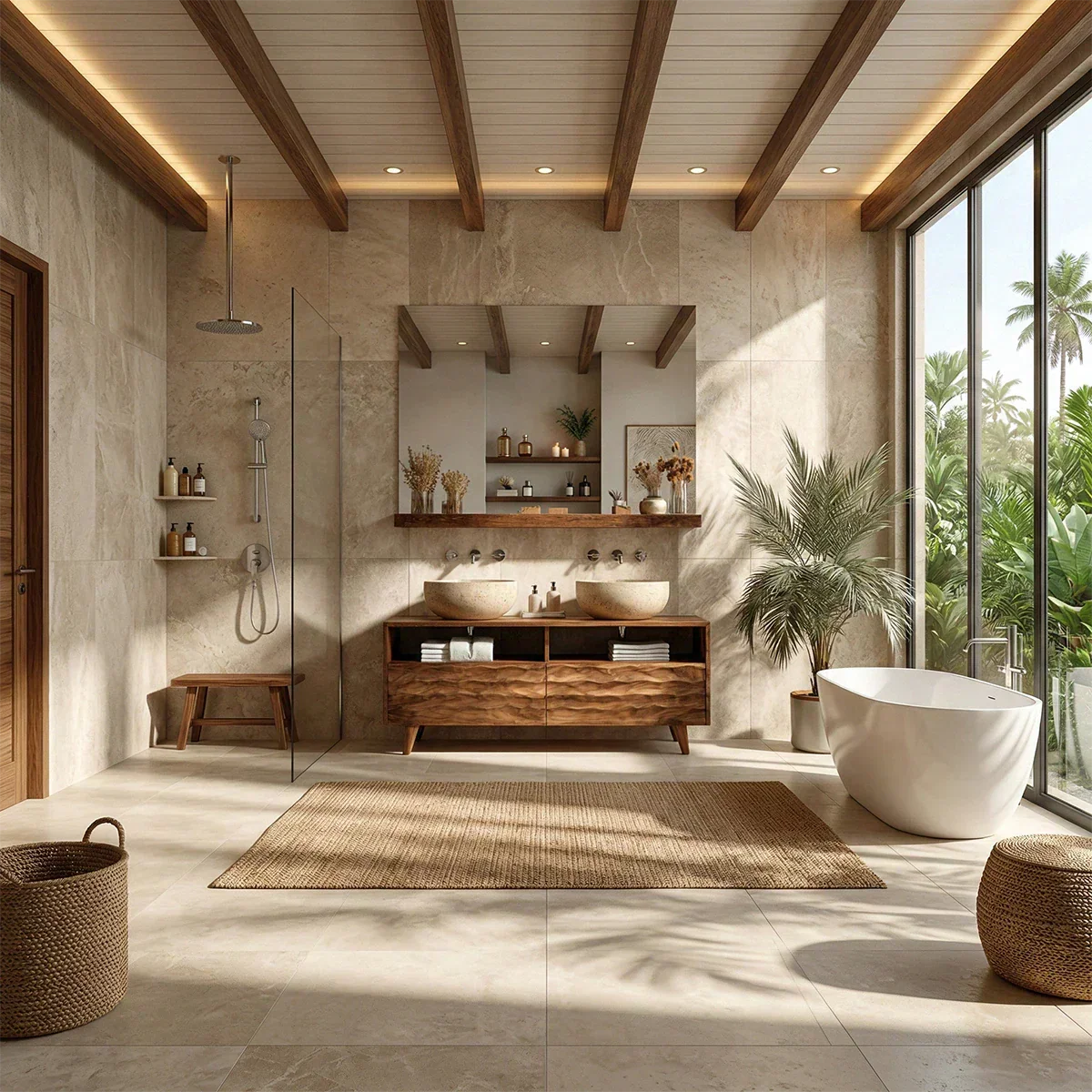 Traditional Solid Wood Bathroom Vanity – Hand Carved Natural Wood Storage Cabinet - Rustirawood