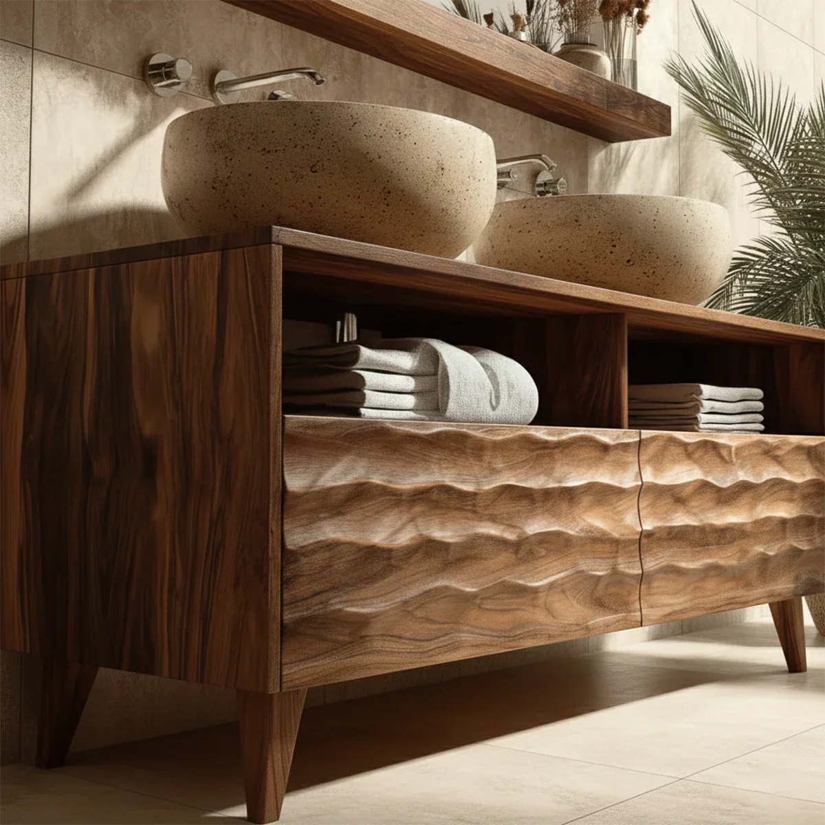 Traditional Solid Wood Bathroom Vanity – Hand Carved Natural Wood Storage Cabinet - Rustirawood