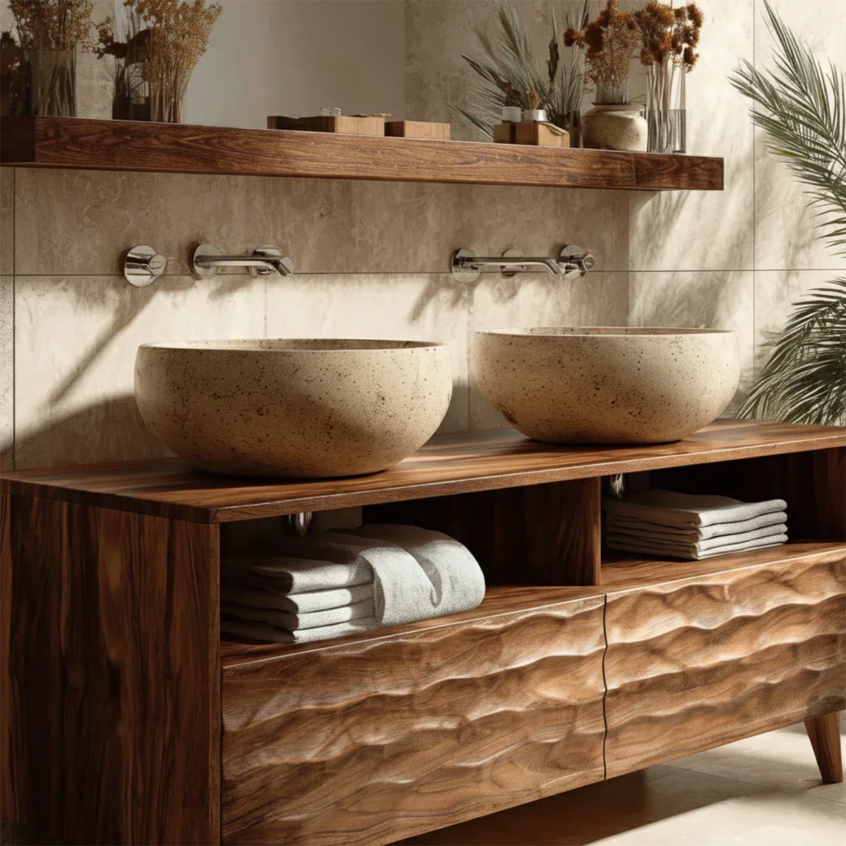 Traditional Solid Wood Bathroom Vanity – Hand Carved Natural Wood Storage Cabinet - Rustirawood
