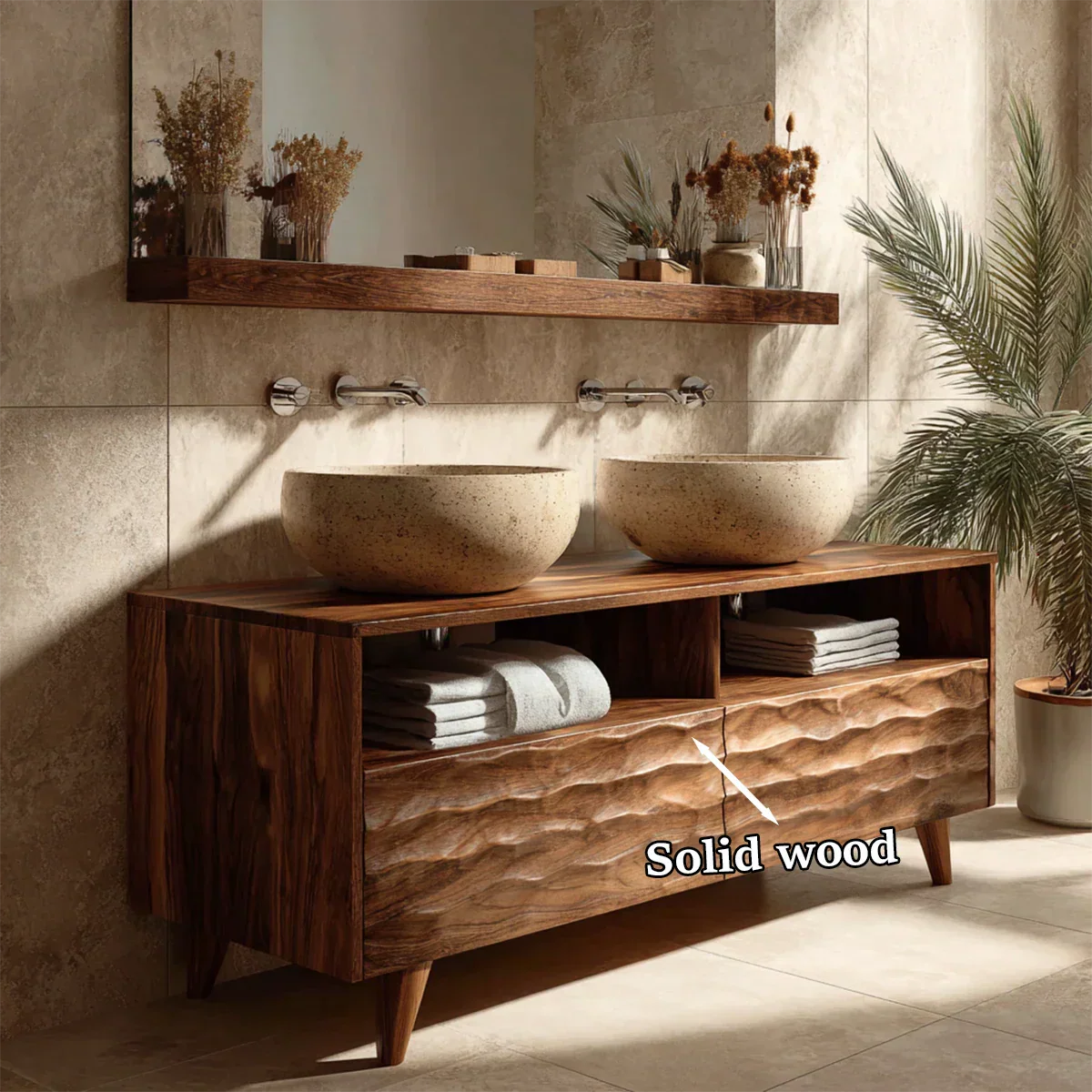Traditional Solid Wood Bathroom Vanity – Hand Carved Natural Wood Storage Cabinet - Rustirawood