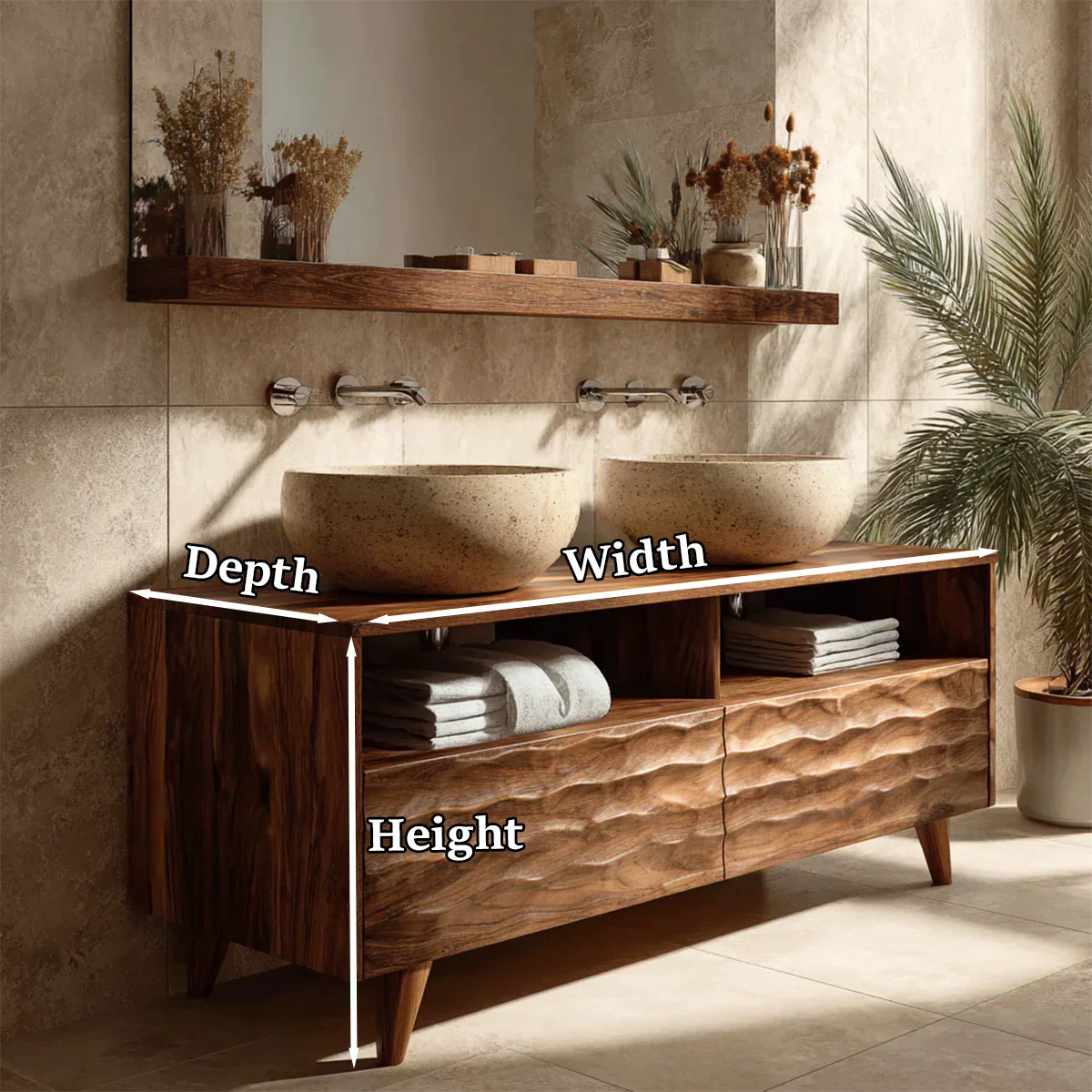 Traditional Solid Wood Bathroom Vanity – Hand Carved Natural Wood Storage Cabinet - Rustirawood