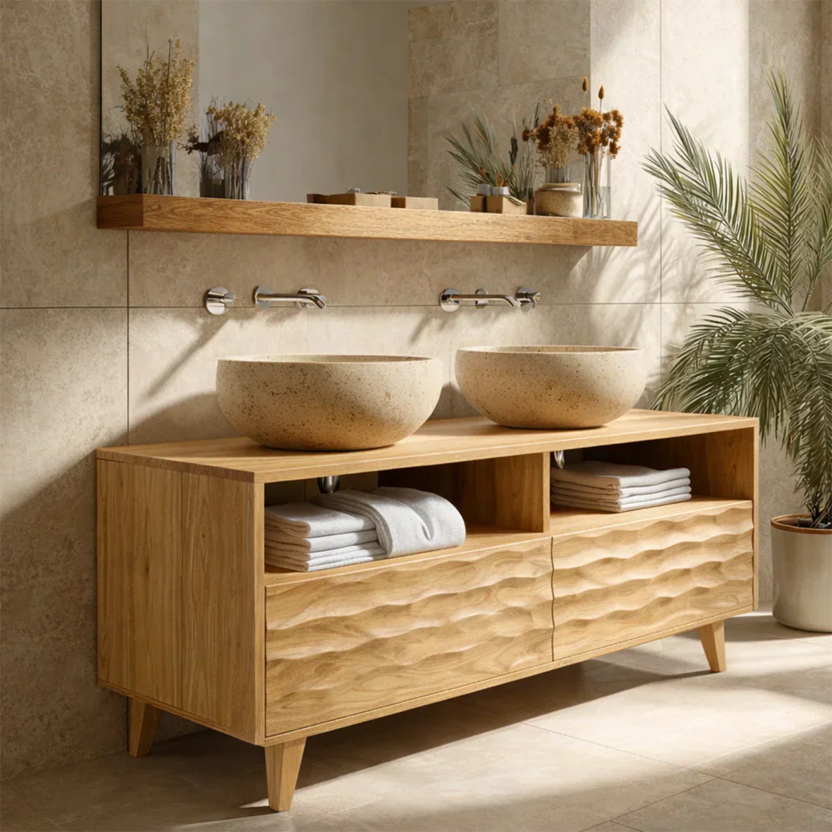 Traditional Solid Wood Bathroom Vanity – Hand Carved Natural Wood Storage Cabinet - Rustirawood