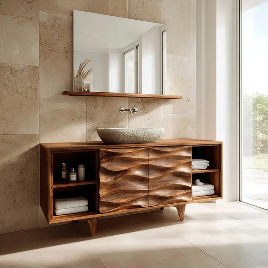 Traditional Solid Wood Bathroom Vanity – Hand Carved Natural Wood Storage Cabinet - Rustirawood