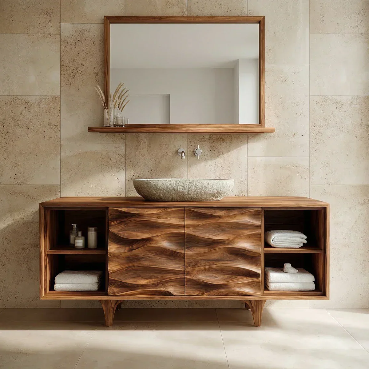 Traditional Solid Wood Bathroom Vanity – Hand Carved Natural Wood Storage Cabinet - Rustirawood