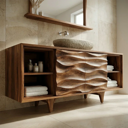 Traditional Solid Wood Bathroom Vanity – Hand Carved Natural Wood Storage Cabinet - Rustirawood