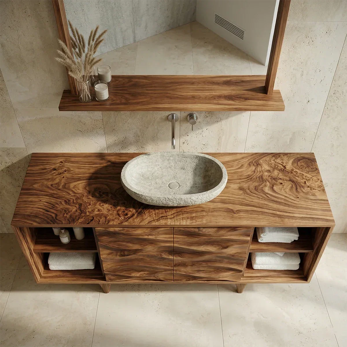 Traditional Solid Wood Bathroom Vanity – Hand Carved Natural Wood Storage Cabinet - Rustirawood