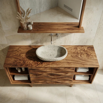 Traditional Solid Wood Bathroom Vanity – Hand Carved Natural Wood Storage Cabinet - Rustirawood