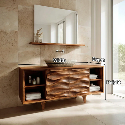 Traditional Solid Wood Bathroom Vanity – Hand Carved Natural Wood Storage Cabinet - Rustirawood