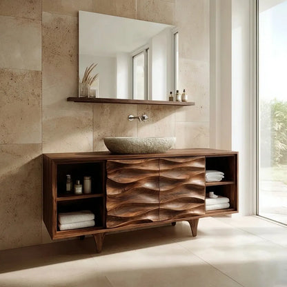 Traditional Solid Wood Bathroom Vanity – Hand Carved Natural Wood Storage Cabinet - Rustirawood