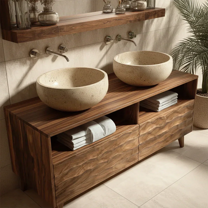 Traditional Solid Wood Bathroom Vanity – Hand Carved Natural Wood Storage Cabinet - Woodenecho