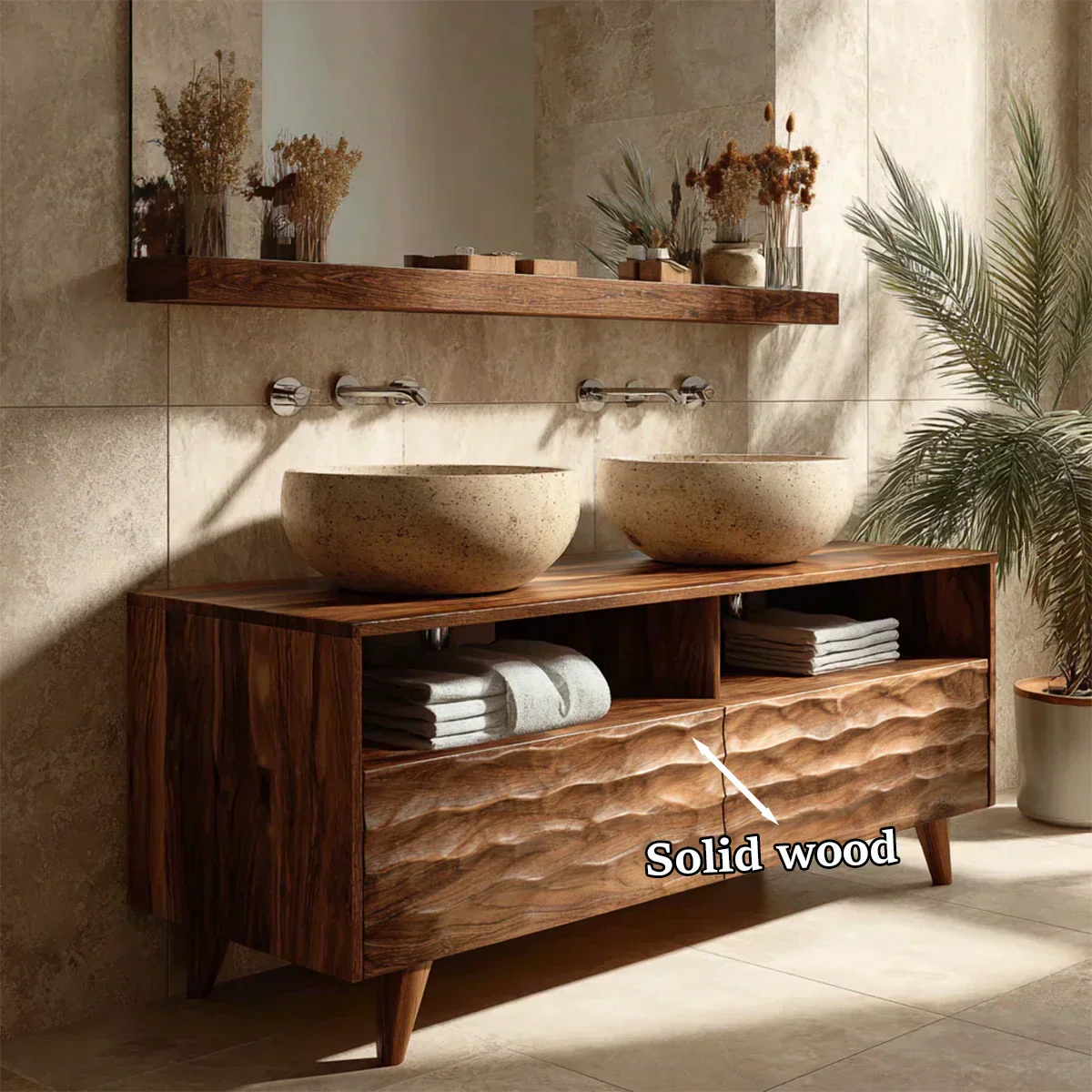 Traditional Solid Wood Bathroom Vanity – Hand Carved Natural Wood Storage Cabinet - Woodenecho